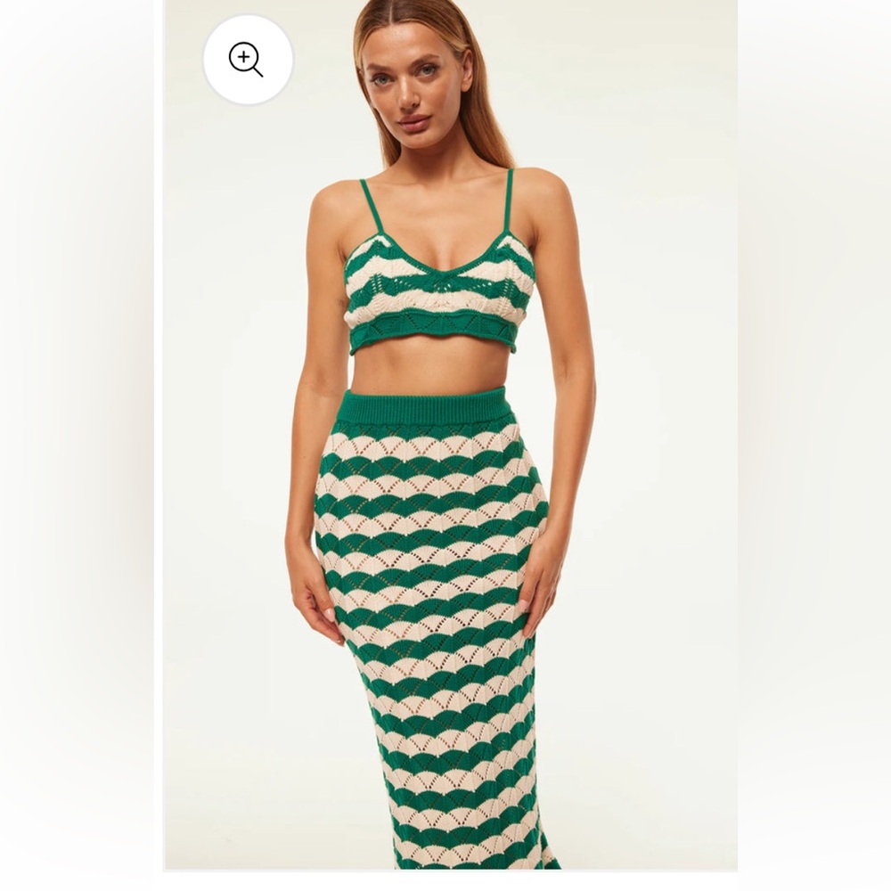 Misa Los Angeles Set of two pieces Green & Cream Crochet Maxi Skirt and top.